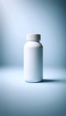 A small, round plastic pill bottle mockup with a child-safe cap, Ai generated image