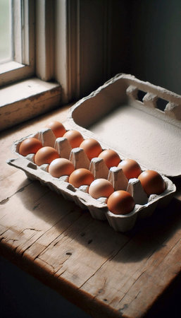An empty, molded pulp egg carton mockup, open, on a rustic kitchen counter