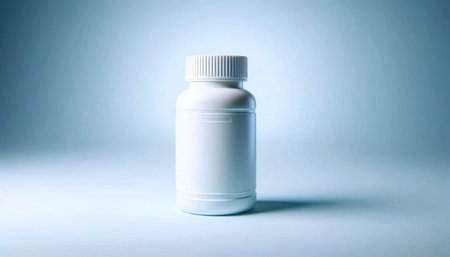 A small, round plastic pill bottle mockup with a child-safe cap, Ai generated image
