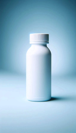 A small, round plastic pill bottle mockup with a child-safe cap, Ai generated imageの写真素材