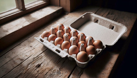An empty, molded pulp egg carton mockup, open, on a rustic kitchen counter.