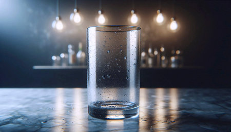 A clean, empty highball glass mockup on a marble bar counter with condensation, Ai generated image