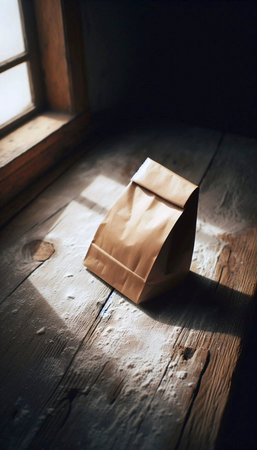 A flat, empty brown paper bakery bag mockup with folded top, on a weathered wooden surface, Ai...