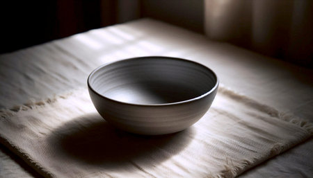 A deep, matte grey ceramic bowl mockup, empty and placed on a woven placemat