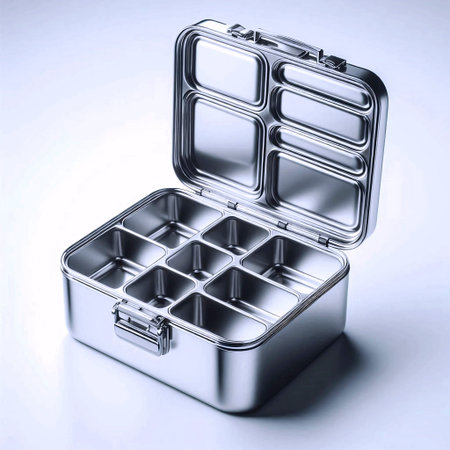 A sleek, stainless steel compartmentalized lunch box mockup, open and empty, on a white surface, Ai...