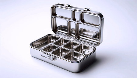 A sleek, stainless steel compartmentalized lunch box mockup, open and empty, on a white surface, Ai...