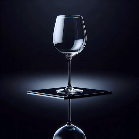 An empty, clear wine glass mockup with a long stem, placed on a reflective black surface, Ai...