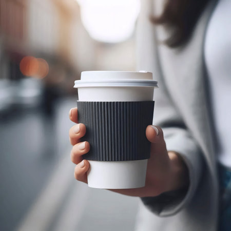 A standard white paper coffee cup mockup with a black sleeve, held in a hand against an urban...