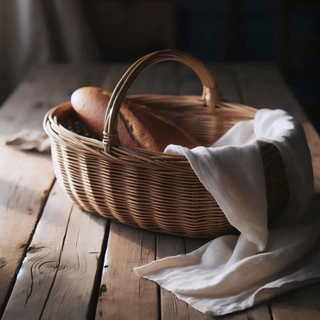 An empty, oval wicker bread basket mockup with a linen liner, on a farmhouse table