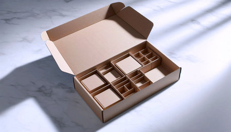 An open, empty subscription box mockup with interior compartments, on a marble table, Ai generated...