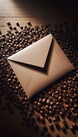 A kraft paper envelope mockup with a blank square for the address, lying on a bed of loose coffee...