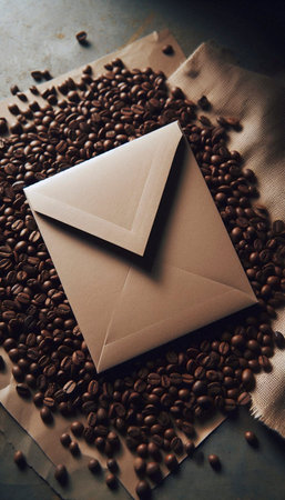 A kraft paper envelope mockup with a blank square for the address, lying on a bed of loose coffee...