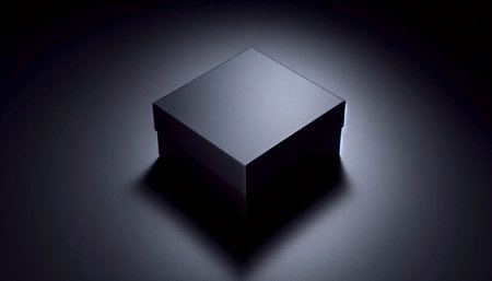 A matte black cardboard cosmetic box mockup with a magnetic closure, shown closed and angled, Ai...