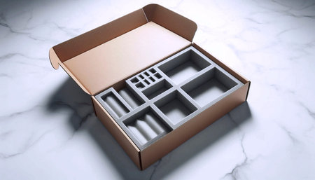 An open, empty subscription box mockup with interior compartments, on a marble table, Ai generated...