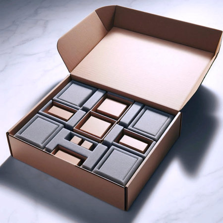An open, empty subscription box mockup with interior compartments, on a marble table, Ai generated...