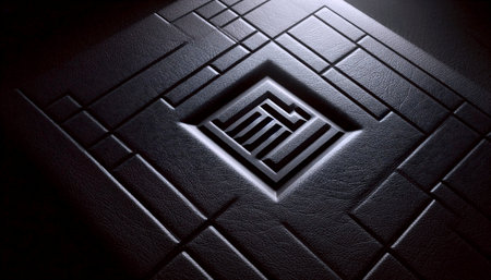A close-up mockup of a blind debossed logo on a smooth black leather journal cover, Ai generated...
