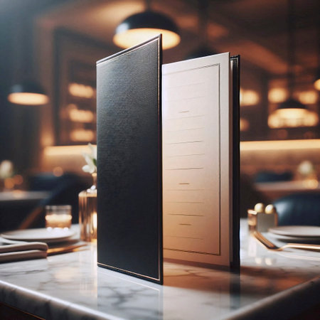 A blank, leatherette-covered restaurant menu mockup, standing open on a marble tabletop, Ai...