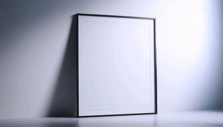 A blank poster mockup in a thin, black wooden frame, leaning against a white gallery wall, Ai...