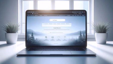 A laptop mockup open on a clean desktop, showing an empty browser window with a search bar, Ai...