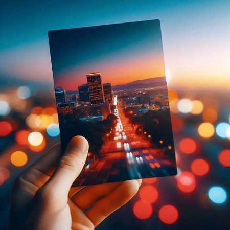A glossy finish postcard mockup held between thumb and forefinger, with a cityscape bokeh...