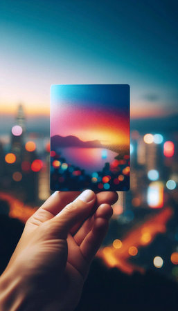 A glossy finish postcard mockup held between thumb and forefinger, with a cityscape bokeh...