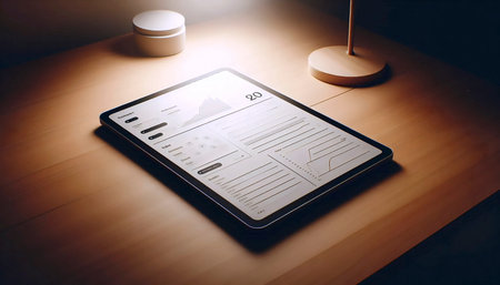 A tablet mockup lying flat, displaying a blank dashboard with grid lines, on a wooden desk, Ai...