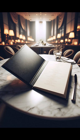 A blank, leatherette-covered restaurant menu mockup, standing open on a marble tabletop, Ai...