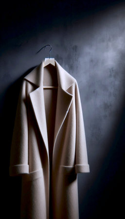 A beige cashmere coat mockup, draped over a minimalist concrete hanger, Ai generated image