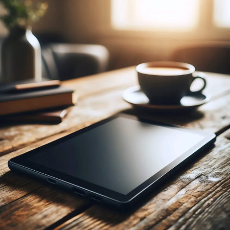 A blank tablet device mockup lying flat on a rustic wooden table next to a coffee cup, Ai generated...