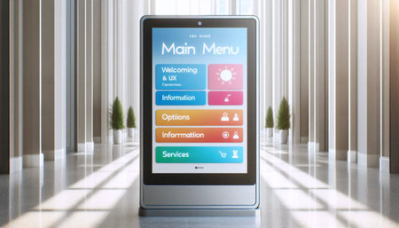 A public touchscreen kiosk mockup in a bright lobby, displaying a clean main menu with empty buttons