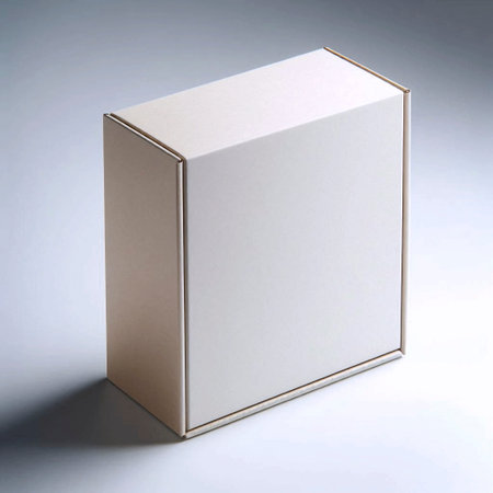A pristine white cardboard box mockup with clean flaps, isolated on a pure white background, Ai...