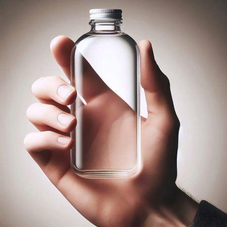 A blank rectangular label area mockup on a clear glass bottle, held in a human hand, Ai generated...