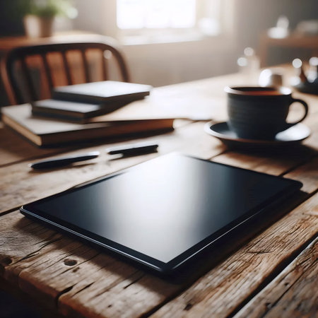 A blank tablet device mockup lying flat on a rustic wooden table next to a coffee cup, Ai generated...