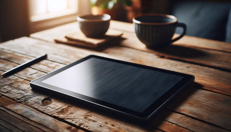A blank tablet device mockup lying flat on a rustic wooden table next to a coffee cup, Ai generated...