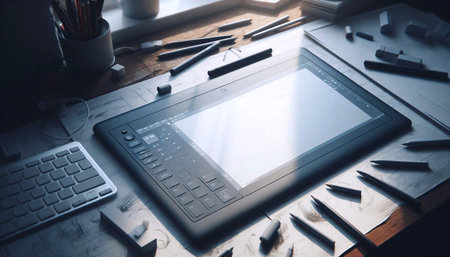 A digital drawing tablet mockup showing a blank, infinite white canvas with a single toolbar,  Ai...