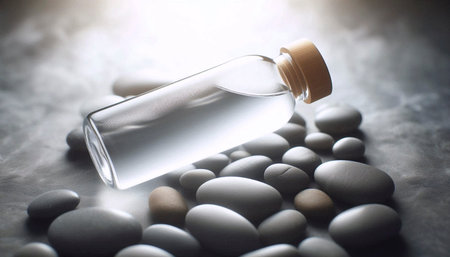 A sleek glass water bottle mockup with a bamboo cap, on a bed of smooth river stones, Ai generated...