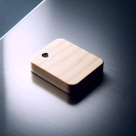 A rectangular birch wood fridge magnet mockup, blank, on a stainless steel surface, Ai generated...
