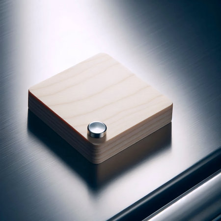 A rectangular birch wood fridge magnet mockup, blank, on a stainless steel surface, Ai generated...