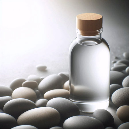 A sleek glass water bottle mockup with a bamboo cap, on a bed of smooth river stones, Ai generated...