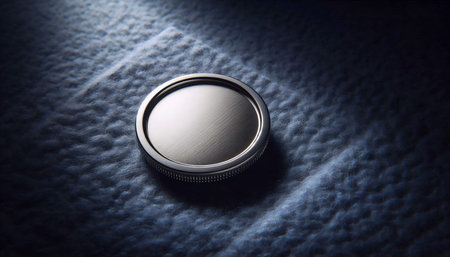 A round enamel pin mockup with a plain metal border, placed on a wool felt pad, Ai generated image