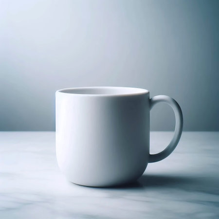 A classic cylindrical ceramic mug mockup with a matte glaze, isolated on a marble slab, Ai generated...