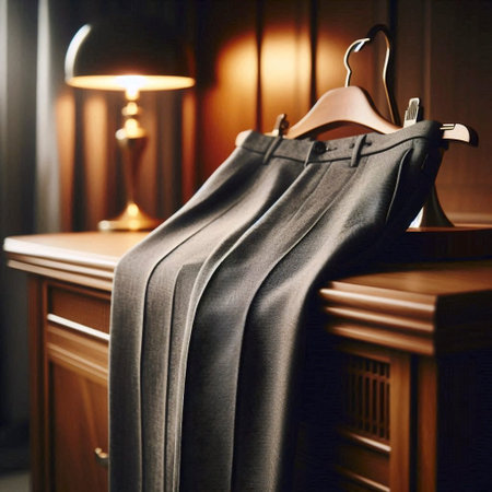 A pair of grey wool trousers mockup, neatly pressed and laid over a wooden valet stand, Ai generated...