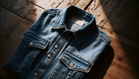 A vintage indigo denim shirt mockup, laid flat on a worn wooden table