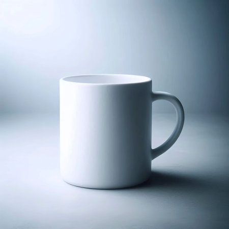 A classic cylindrical ceramic mug mockup with a matte glaze, isolated on a marble slab