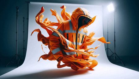 A bright orange technical anorak mockup, crumpled dynamically on a white cyc wall, Ai generated...