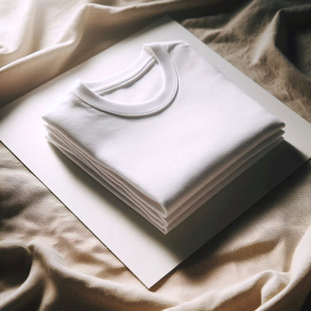 A pure white organic cotton t-shirt mockup, gently folded on hemp canvas, Ai generated image