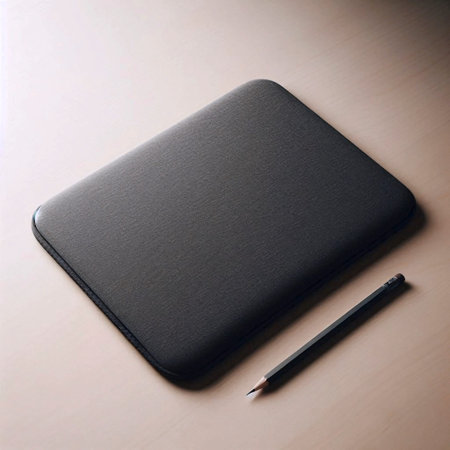 A slim neoprene laptop sleeve mockup in dark grey, on a minimalist desk