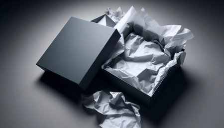 A matte finished subscription box mockup, open and empty, with tissue paper, Ai generated image