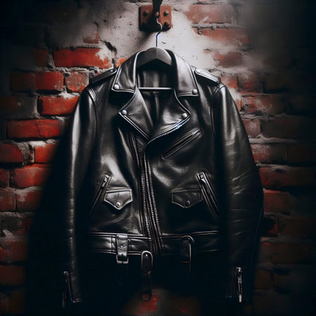 A black leather biker jacket mockup, hanging on a rusty iron hook on a brick wall, Ai generated...