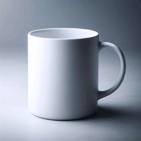 A classic cylindrical ceramic mug mockup with a matte glaze, isolated on a marble slab.
